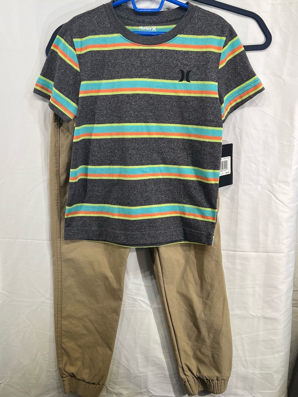 Hurley Gray Short Sleeve Tee with Turquoise, Yellow & Orange Stripes